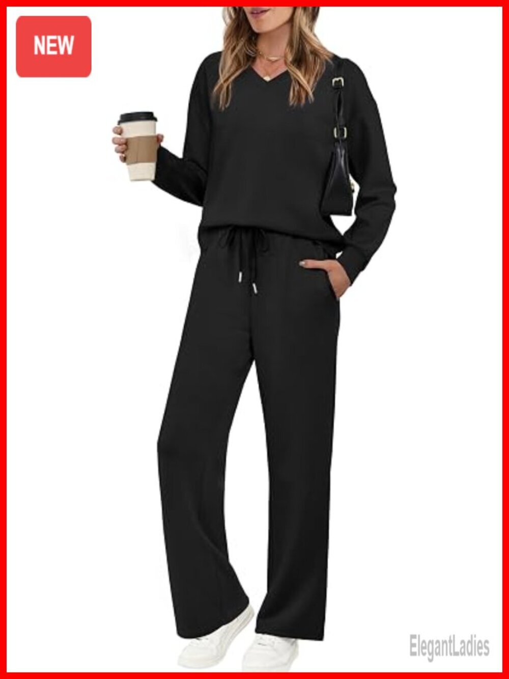 2 Piece Lounge Set V Neck Sweatsuit with Wide Leg Pants